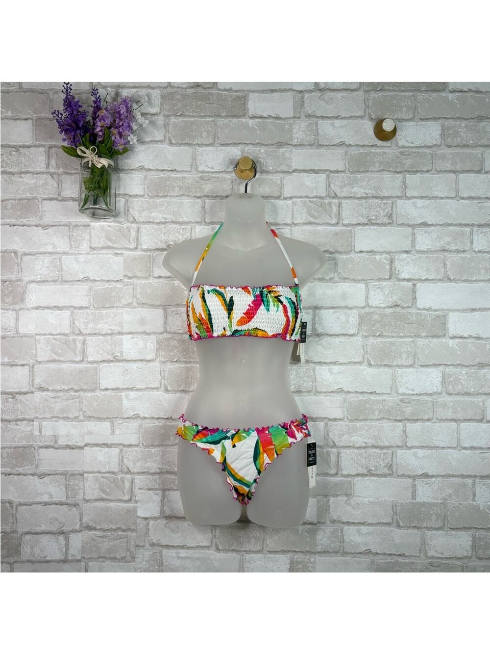NWT Hula Honey Macy’s Bikini Swimsuit White Multicolor Small